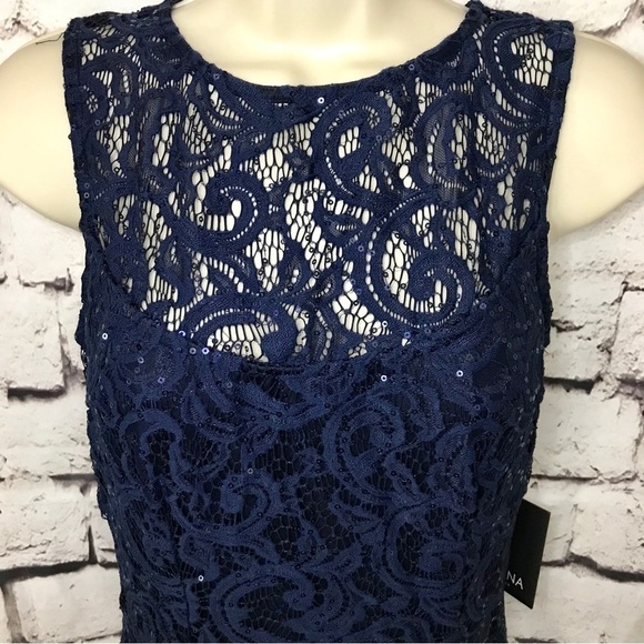 MARINA Navy Illusion Yoke Lace Gown Sequins Dress Size 8 NEW WITH TAG - Picture 2 of 15